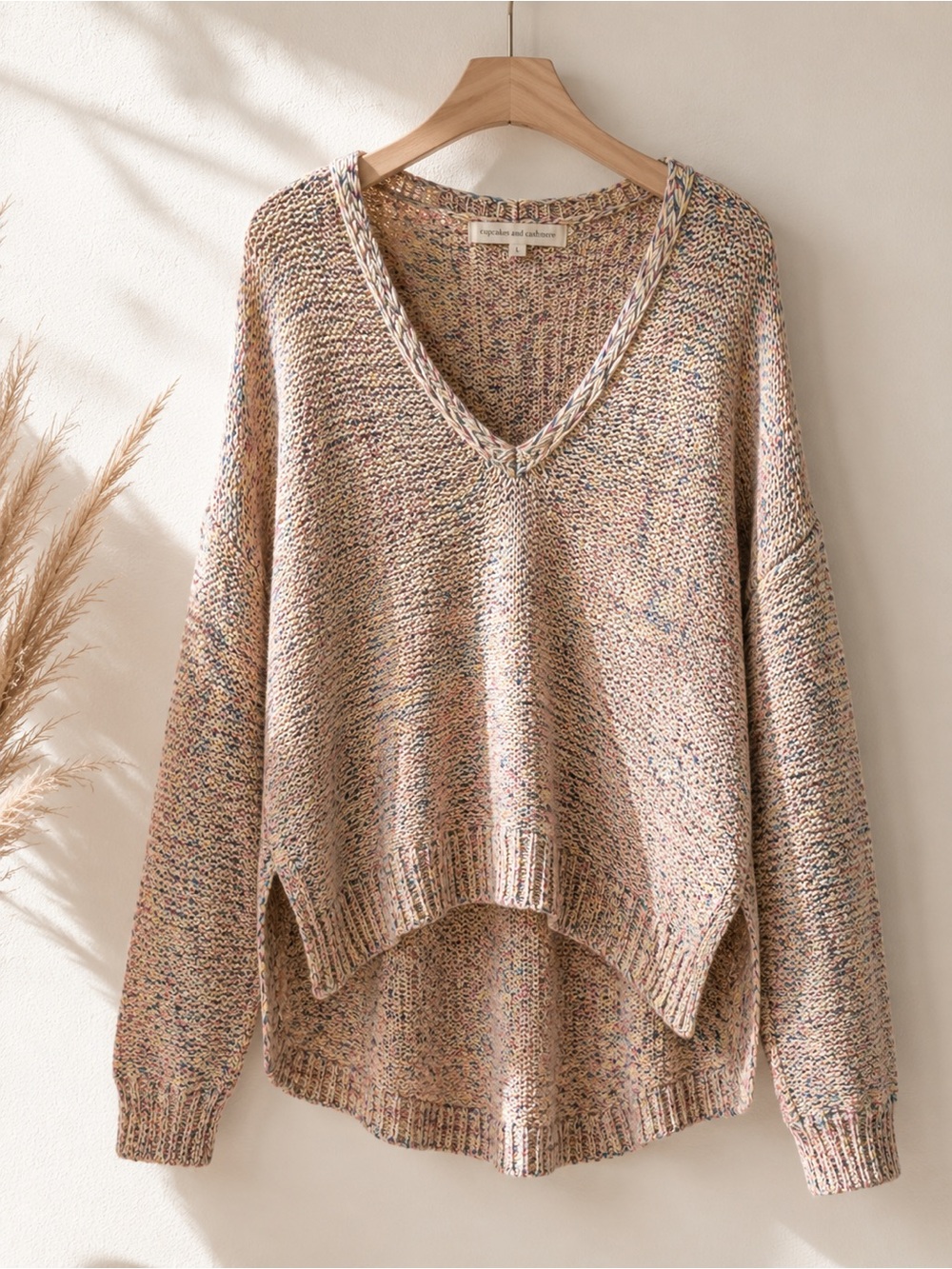 Cupcakes and Cashmere Multicolor Marled Knit Sweater Large V Neck Oversized
